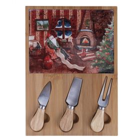 Set tagliere e 3 coltelli da formaggio, in legno di bambù e ceramica, XMas Vintage