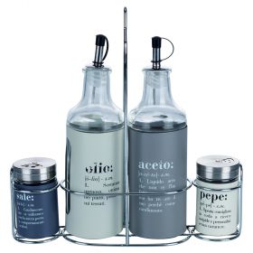 Set condimento olio, aceto, sale e pepe in vetro e acciaio inox, stand in acciaio, Victionary Stone