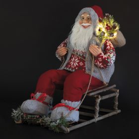 Babbo Natale 12 led in stoffa slitta in legno h. 50 cm, XMas
