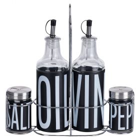 Set olio, aceto, sale e pepe in vetro e acciaio inox, stand ferro, Bigismore