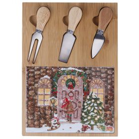 Set tagliere e 3 coltelli da formaggio, in legno di bambù e ceramica, XMas Vintage