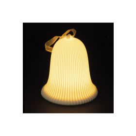 Campanella led in ceramica bianca h. 10 cm, decoro righe verticali, XMas