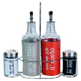 Set condimento olio, aceto, sale e pepe in vetro e acciaio inox, stand in ferro, S.P.Q.eRe