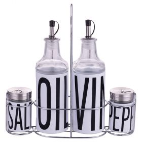 Set olio, aceto, sale e pepe in vetro e acciaio inox, stand ferro, Bigismore