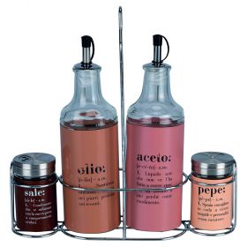 Set condimento olio, aceto, sale e pepe in vetro e acciaio inox, stand in acciaio, Victionary Chocol