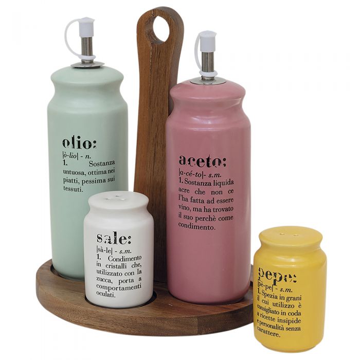 Set olio aceto sale e pepe in gres stand in bamboo Victionar